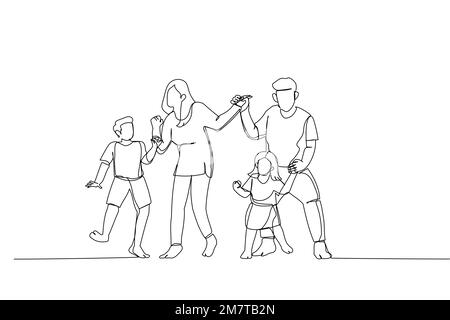 Drawing of overjoyed family jumping to music in living room. Single continuous line art Stock Vector