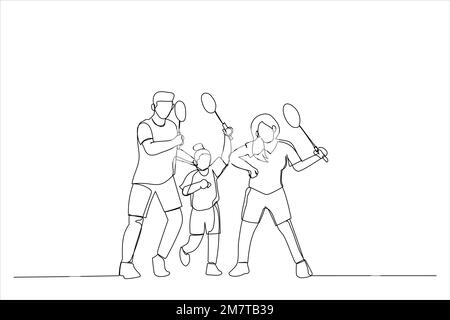 Drawing of family with badminton rackets and shuttlecock. Single continuous line art Stock Vector