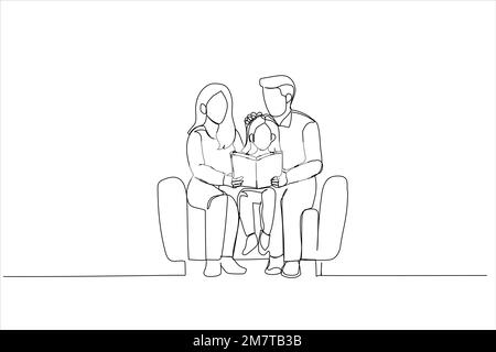 Illustration of family reading book together. One continuous line art style Stock Vector