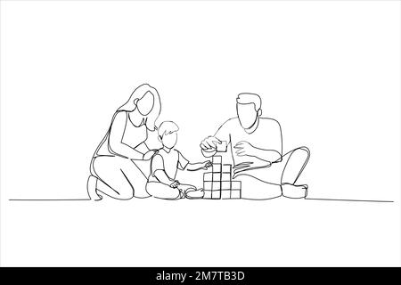 Cartoon of young mom, dad and child building tower of blocks sitting on warm floor in the living room. Continuous line art style Stock Vector