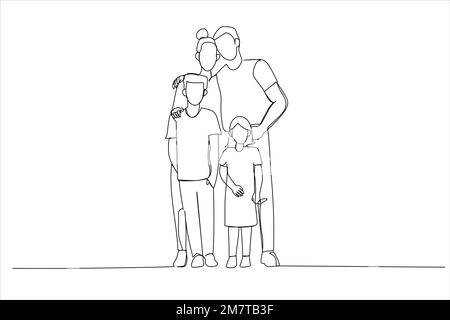 Drawing of young family with two children standing together. Single line art style Stock Vector