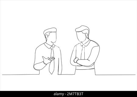 Illustration of male coach explaining information to young employee and gesturing during communication. One line style art Stock Vector