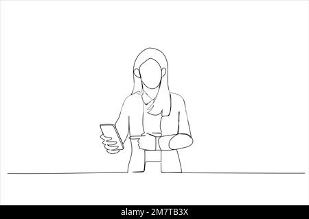 Cartoon of young woman pointing finger at mobile phone. Single continuous line art style Stock Vector
