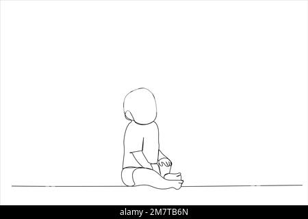 Drawing of happy little baby boy or girl sitting on floor at home. Single line art style Stock Vector