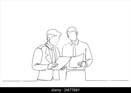 Cartoon of two businessmen discussing project. Continuous line art style Stock Vector
