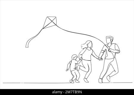 Illustration of father, mother and kid flying a kite outdoor. One line art style Stock Vector