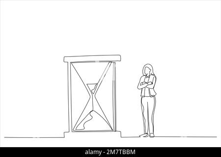 Cartoon of businesswoman standing and looking at hourglass while time goes by. Patience concept. Continuous line art Stock Vector