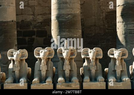 At the entrance to Karnak Temple the Avenue of Sphinxes, statues with the head of a Ram and the body of a Lion, ancient Egyptian icons and symbols to Stock Photo