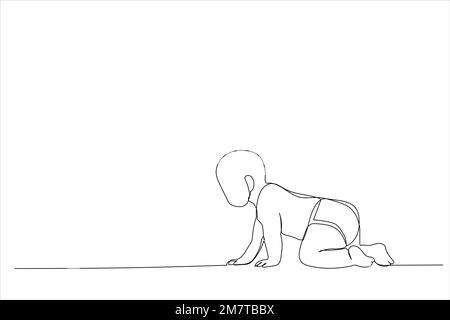 Drawing of side view of pretty crawling baby. Single continuous line art Stock Vector