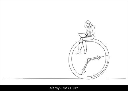 Drawing of businesswoman using computer laptop sitting on clock working. After hours worker, working late overtime concept. Single continuous line art Stock Vector