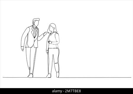 Illustration of two asian business people on their way to meeting talking while walking in office. One continuous line art style Stock Vector