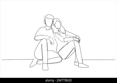 Cartoon of adorable guy lady dressed white shirts sitting floor looking empty space. Continuous line art style Stock Vector