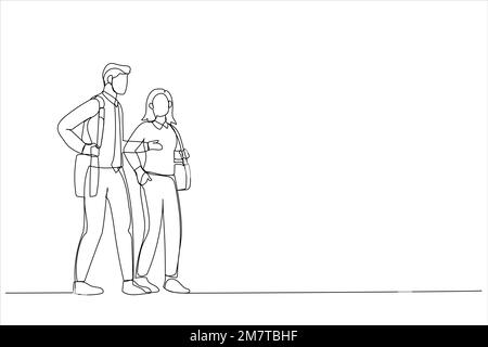 Drawing of positive young business people walking and discussing business and new ideas. Single line art style Stock Vector