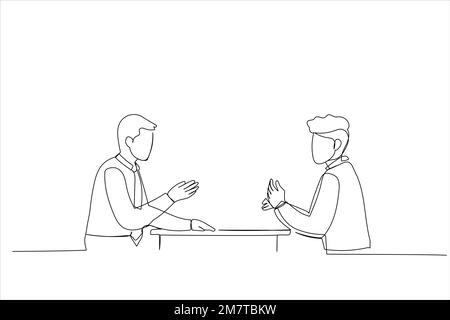 Drawing of business meeting of two partners talking about new ideas, working together at office desk. Single line art style Stock Vector