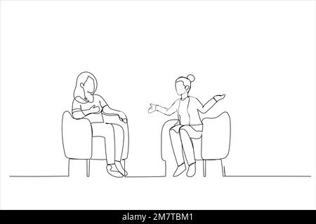 Cartoon of two friends chatting in office. Continuous line art Stock Vector