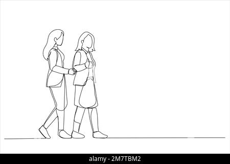 Illustration of two women commuting to the office in the day carrying office bags. One line art style Stock Vector
