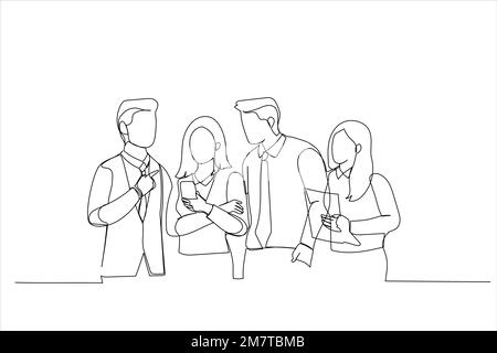 Cartoon of creative businespeople in stylish clothes having live discussion, sharing ideas and talking about business strategy. Single continuous line Stock Vector