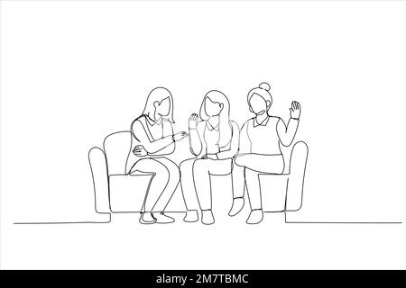 Drawing of girls friends laughing sit on sofa in cozy warm room chatting take break. Single line art style Stock Vector