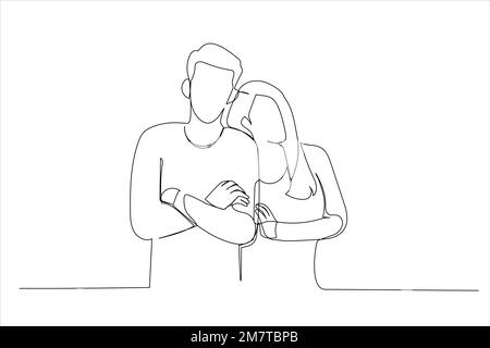 Drawing of young couple standing. Single line art style Stock Vector