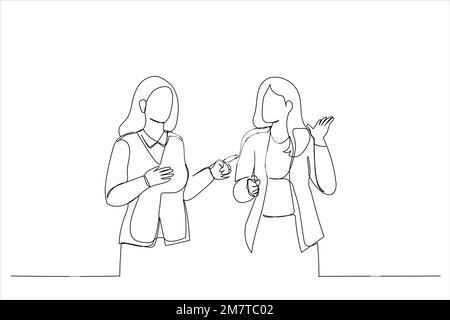 Drawing of two serious diverse female colleagues team talk walk in modern office. Single continuous line art Stock Vector