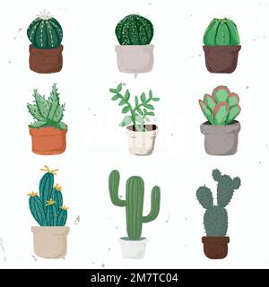 Cute potted plant element vector set succulent plants in hand drawn style Stock Vector