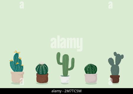 Cactus pot green background vector cute hand drawn style Stock Vector