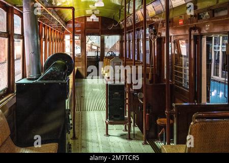 stove to keep passengers warm in the winter on trolley car Stock Photo