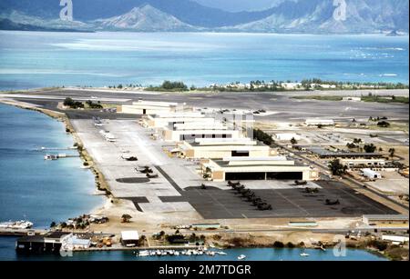 An aerial view of various facilities during exercise COPE ELITE '81. Subject Operation/Series: COPE ELITE '81 Base: Marine Corps Air Station Kaneohe State: Hawaii (HI) Country: United States Of America (USA) Stock Photo