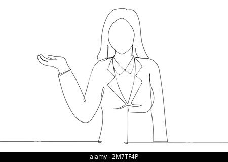Drawing of young man holding copyspace imaginary on the palm to insert an ad. Single line art style Stock Vector