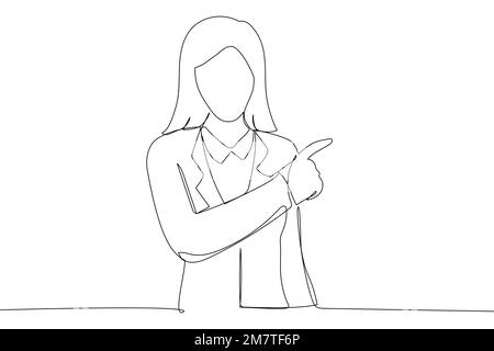 business woman pointing space. Single continuous line art style Stock Vector