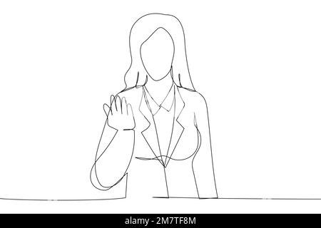 Illustration of smiling businesswoman hand beckoning someone. One line art style Stock Vector