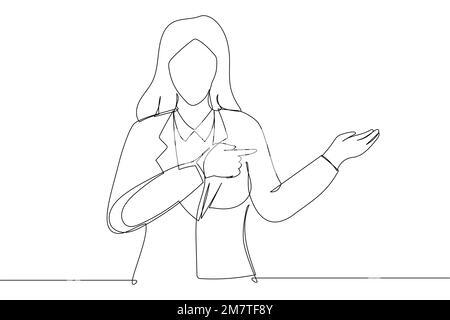 businesswoman showing presentation, pointing paper placard. Single continuous line art style Stock Vector