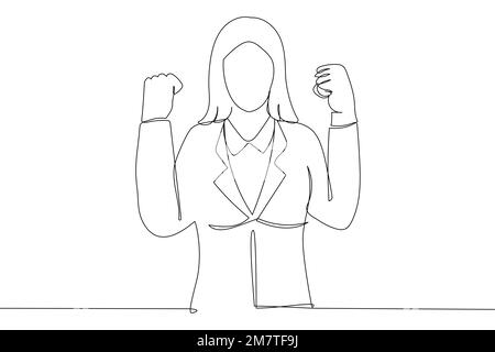 businesswoman showing joy, victory, celebration, trump and excitement clenching fists. One line Stock Vector