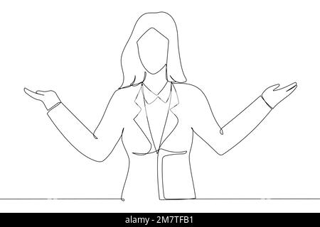 Cartoon of young woman worker showing a balance of two products. Continuous line art style Stock Vector