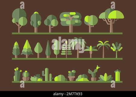 Green botany flat tree collection on a rack vector Stock Vector