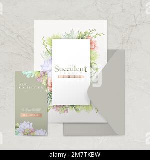 Hand drawn succulent themed envelope template vector set Stock Vector