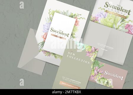 Hand drawn succulent themed envelope template vector set Stock Vector