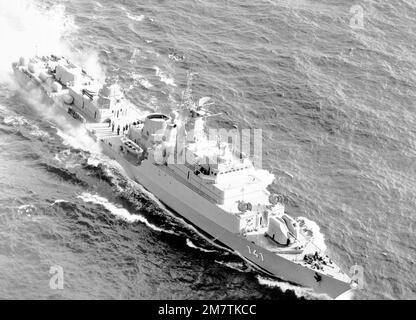 Aerial starboard bow view of the Soviet-built Koni class East German frigate ROSTOCK underway. Country: Unknown Stock Photo