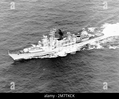 An aerial port bow view of the Soviet Kashin class guided missile cruiser OBRAZTSOVY underway. Country: Unknown Stock Photo