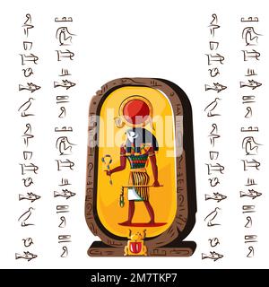 Stone board or clay tablet with falcon headed god and Egyptian hieroglyphs cartoon vector illustration. Ancient object for recording storing information, graphical user interface for game design Stock Vector