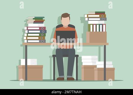 Lot of paperwork. Bookkeeper working on laptop. Vector illustration. Stock Vector