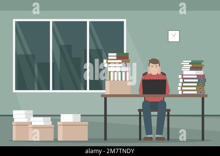 Lot of paperwork. Employee working on laptop. Vector illustration. Stock Vector
