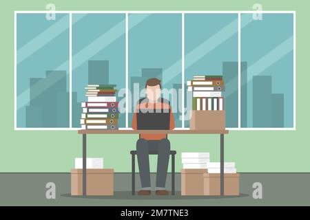 Lot of office work. Clerk working on laptop. Vector illustration. Stock Vector