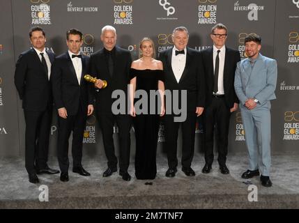 Beverly Hills, United States. 10th Jan, 2023. (L-R) Peter Czernin, Colin Farrell, Martin McDonagh, Kerry Condon, Brendan Gleeson, Graham Broadbent, and Barry Keoghan appear backstage after winning the award for Best Picture - Musical/Comedy for 'The Banshees of Inisherin' during the 80th annual Golden Globe Awards at the Beverly Hilton in Beverly Hills, California on Tuesday, January 10, 2023. Photo by Jim Ruymen/UPI Credit: UPI/Alamy Live News Stock Photo