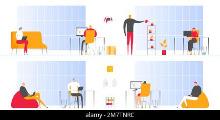 Employees working in two-level office. Vector illustration. Stock Vector