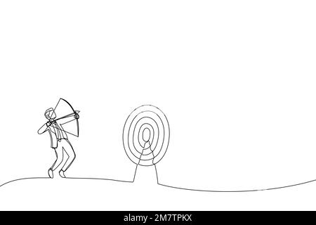 Drawing of blindfolded businessman shooting arrow and missed the target. Single continuous line art Stock Vector