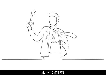 Drawing of businessman holding big key about to unlock keyhole on his body. Metaphor for reach true potential, personal career success. One line style Stock Vector