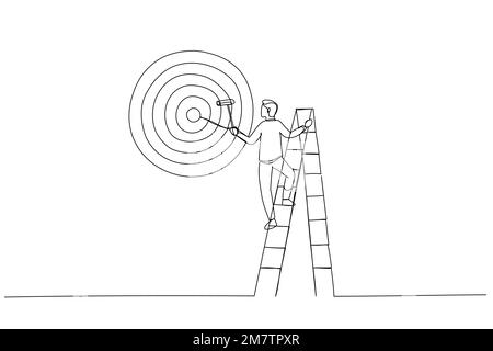 Drawing of ambitious businessman on ladder using paint roller to paint big dartboard, archery target. Single continuous line art Stock Vector