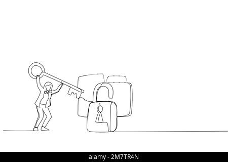 Cartoon of businesswoman try to unlock folder secure data file document. Metaphor for internet privacy, cyber security, and data leak. Single continuo Stock Vector