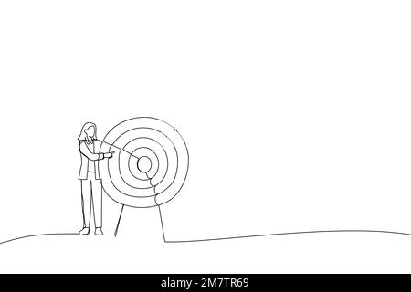 Illustration of businesswoman pointing to the big target. One line style art Stock Vector